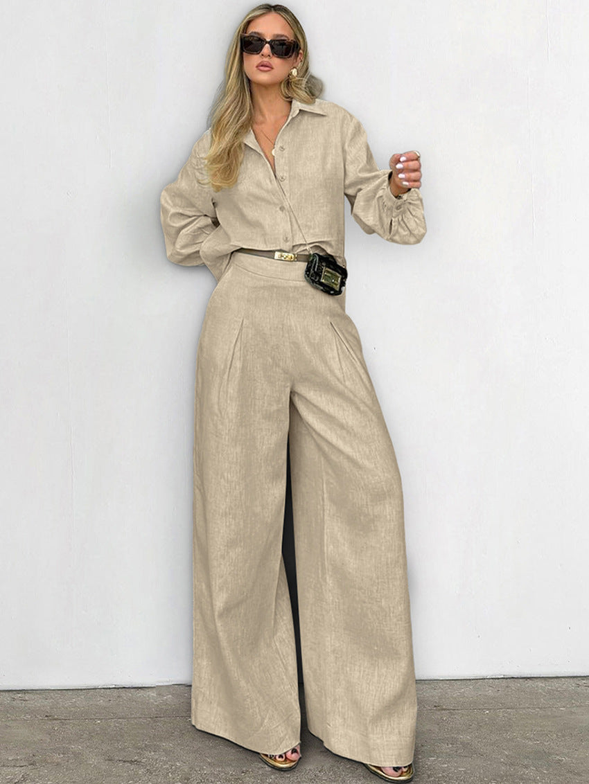 Dame elegant sæt bestående af bluse med puffærmer og løse bukser Stilla