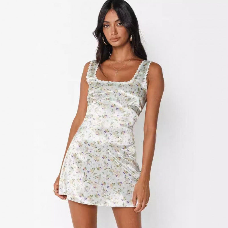 Dame blomstertryk satin mini kjole Stilla