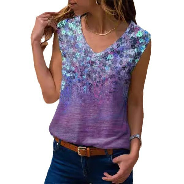Dame V-hals bluse med blomstret design Stilla