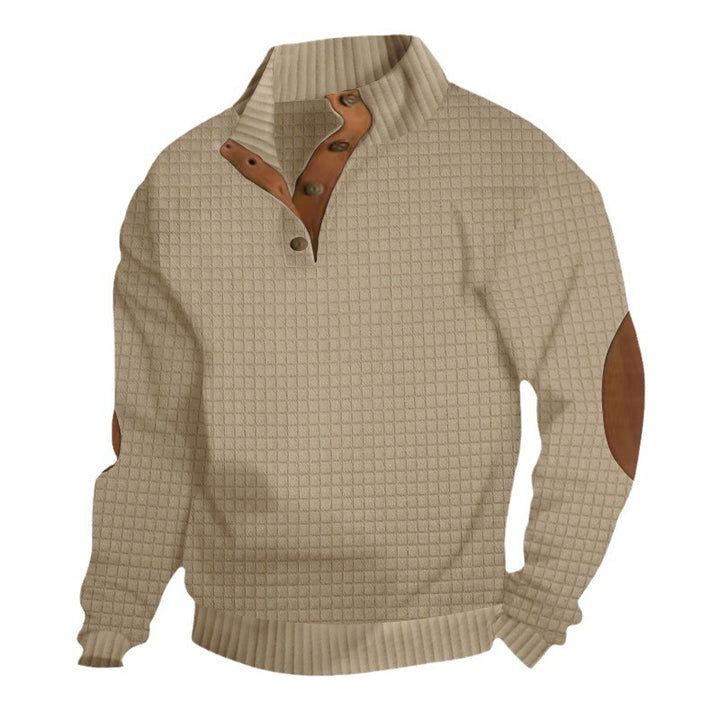 Herren nan struktureret rib-pullover med kort knapkrave og suede albue-patches Skovae