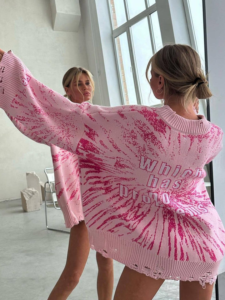 Dame Oversized Strikpullover med afslappede trykdetaljer og modemæssig vask Stilla