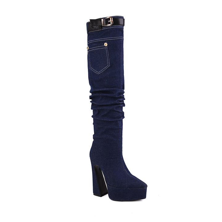 Femme Slouchy Denim Over-knæ Plattformstøvler Stilla