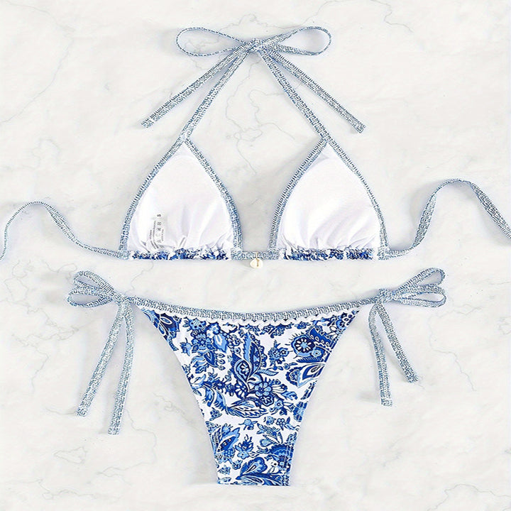 Dame triangel-bikini med floralt tryk og raffinerede bindebånd Skovae
