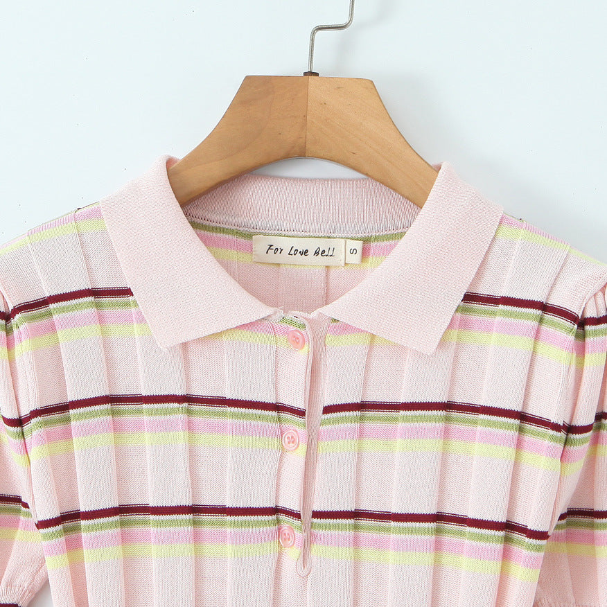 Dame polo t-shirt med fine striber og korte ærmer Skovae