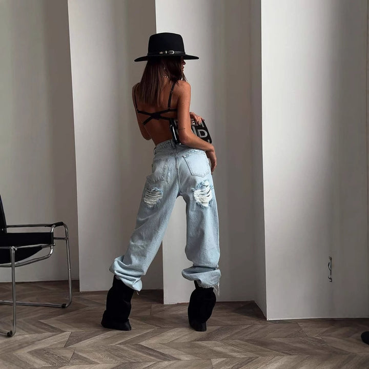 Kvinders Baggy Jeans i Vintage Stil med Slidte Detaljer og Høj Talje Stilla