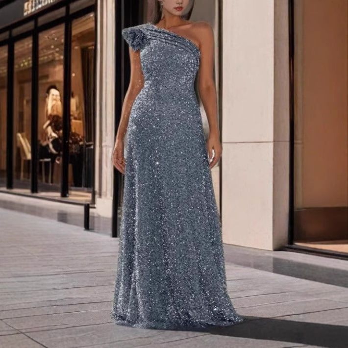 Dame Glamorous Maxi Kjole med Off-Shoulder Design og Funklende Pailletter Skovae
