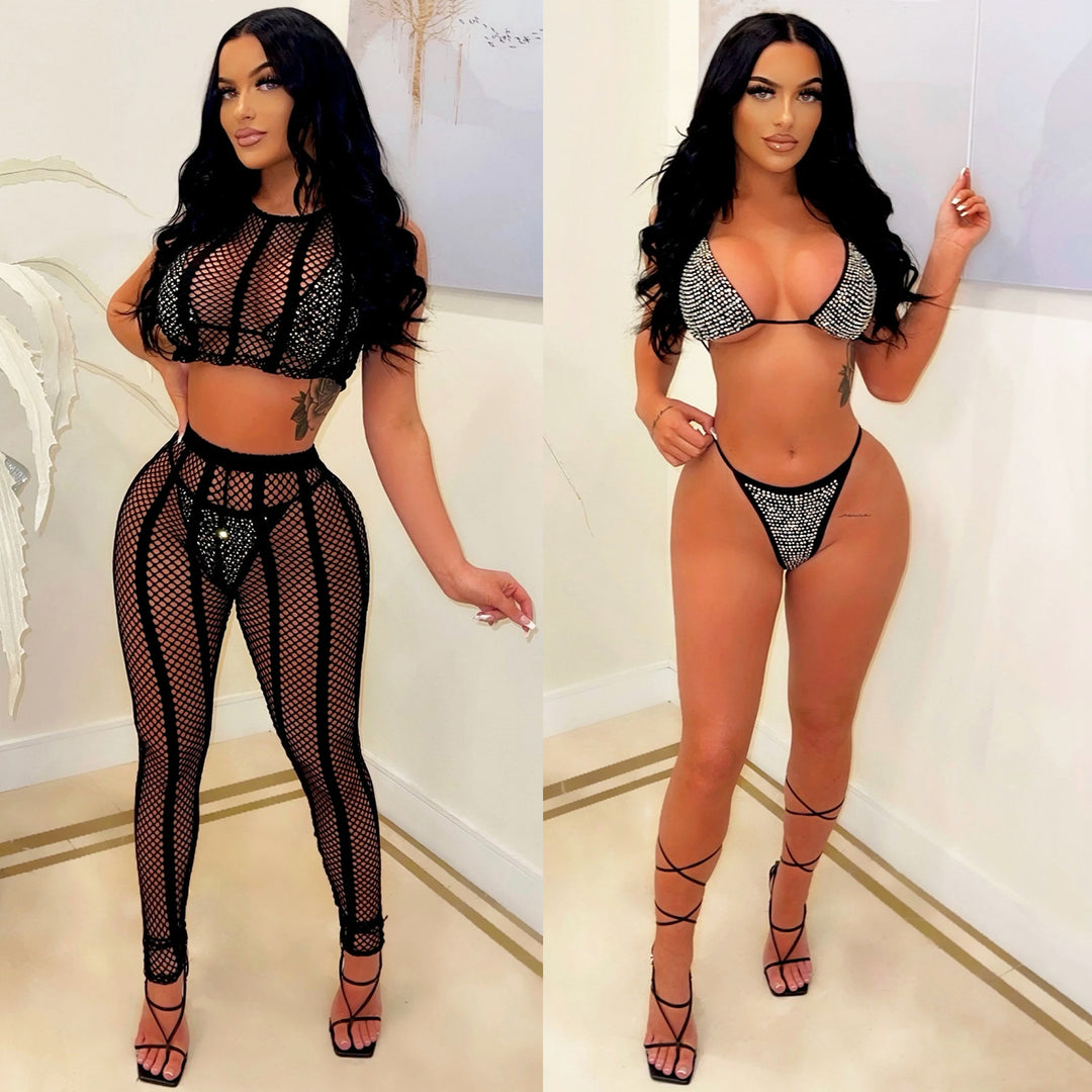 Dame Net tights og Crop-Top sæt med funklerende accenter Stilla