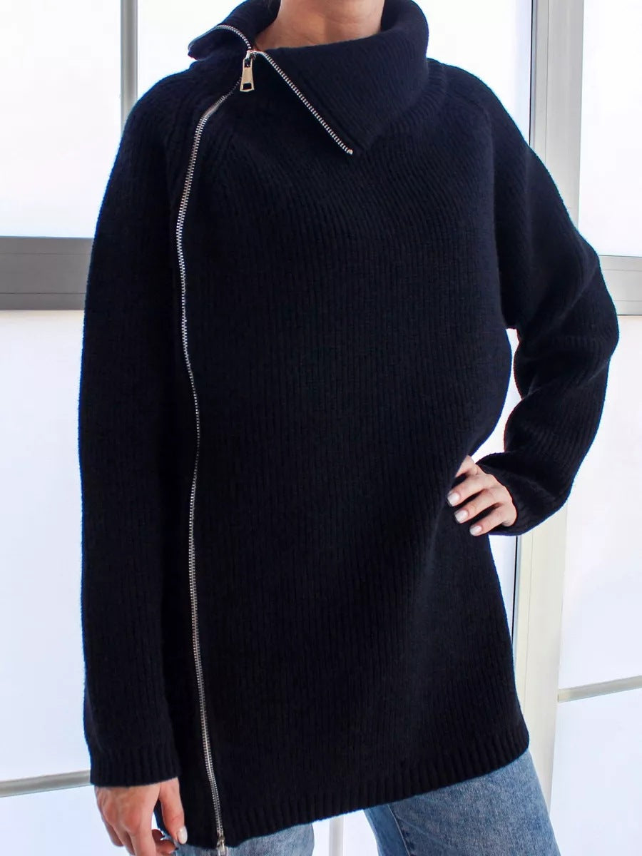 Dame afslappet strikpullover med asymmetrisk lynlås og stor krave Stilla