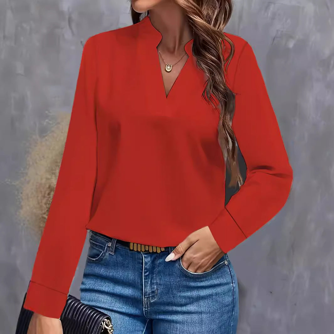 Dame elegant bluse i minimalistisk design med dekorativ V-udskæring og lange ærmer Stilla