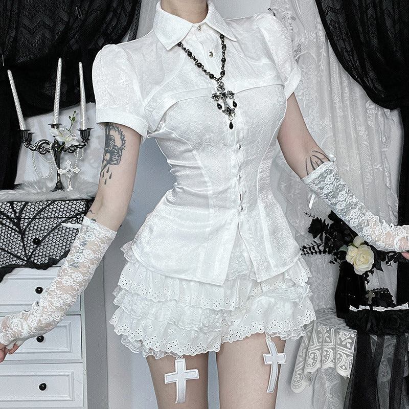 Damerne Gothic Lace Shirt med elegante puffærmer og flæse detaljer Skovae
