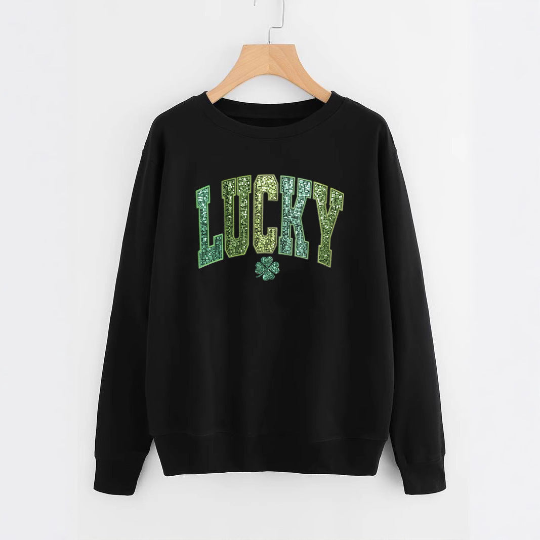Dame casual sweatshirt med glitrende skrift og kløver motiv Stilla