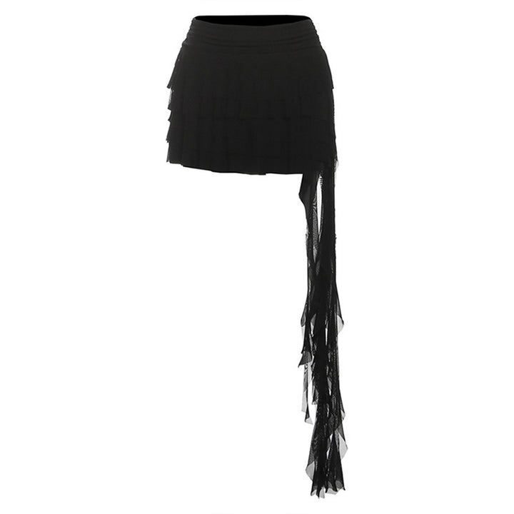 Dame miniskørt i flydende chiffon med frynset detaljer Stilla