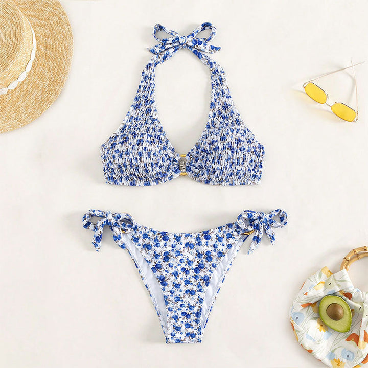 Dame Halter-Bikini med blomstret design og legende bindebånd Skovae