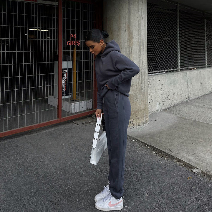 Dame Casual Hoodie og Joggingdragt med Elastisk Talje og Oversize Snit