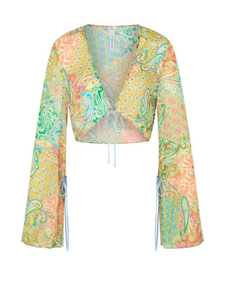Dame cropped bluse med vid arm og legende paisley-mønster Skovae