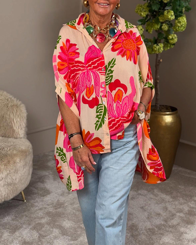 Dame nan luftig Oversize-skjorte bluse i Resort stil med stort blomstertryk og asymmetrisk spids kant Skovae