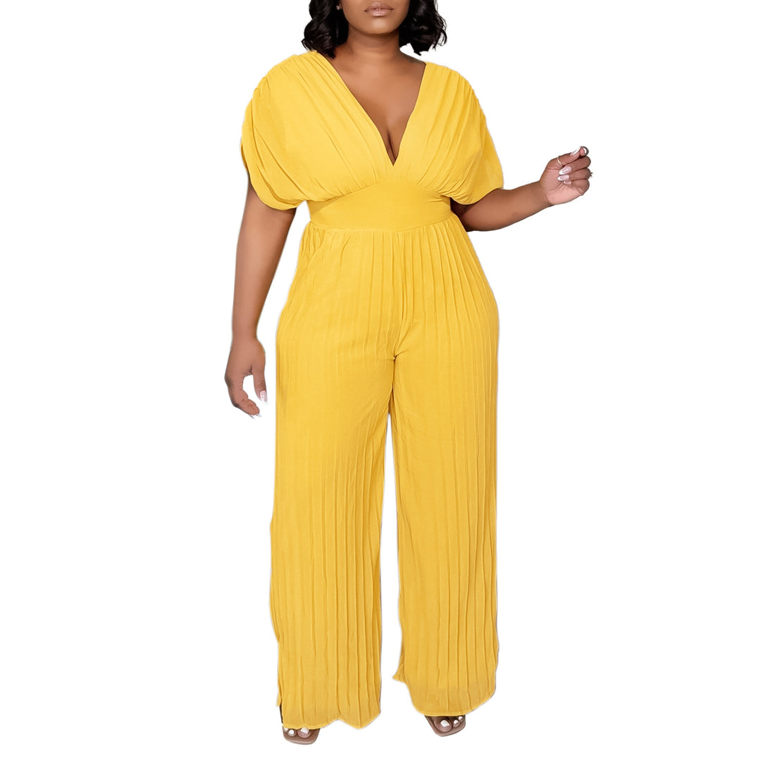 Dame Elegant Plisseret Jumpsuit med dyb V-udskæring og brede ærmer Stilla