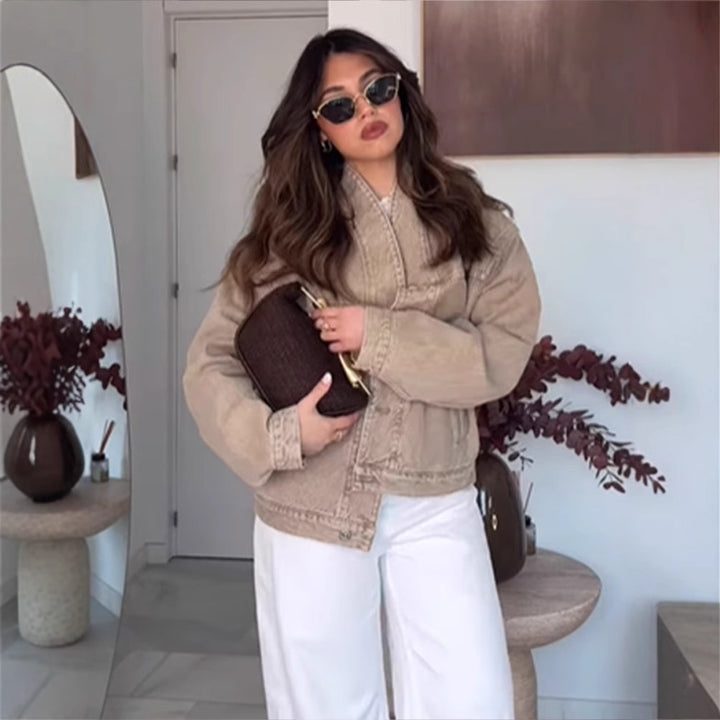 Dame mode oversized jeansjakke med trendy ståkrave Stilla