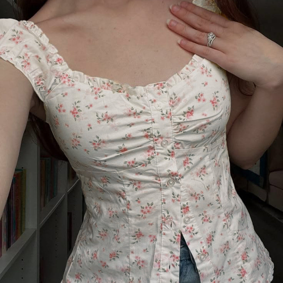 Dame blusenshirt med blomsterdesign og flæsedetaljer Skovae