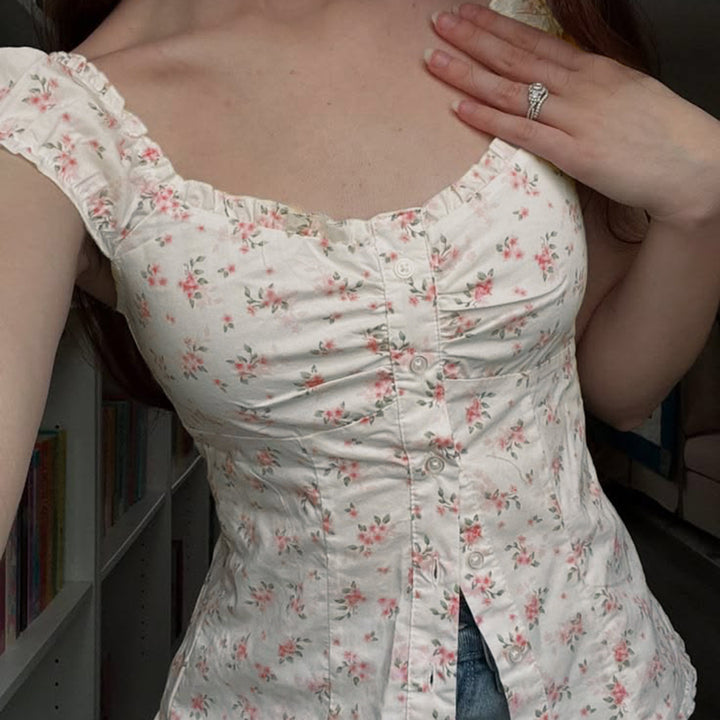 Dame blusenshirt med blomsterdesign og flæsedetaljer Skovae