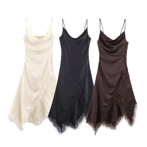 Dame elegant spaghetti-stropkjole med fin blonder og flydende satin Skovae