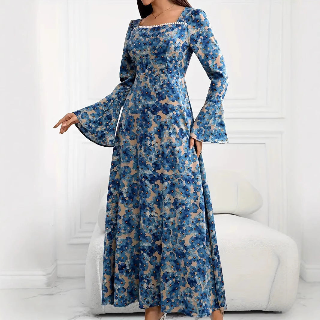 Dame elegant maxikjole med florale mønstre og voluminøse ærmer Stilla