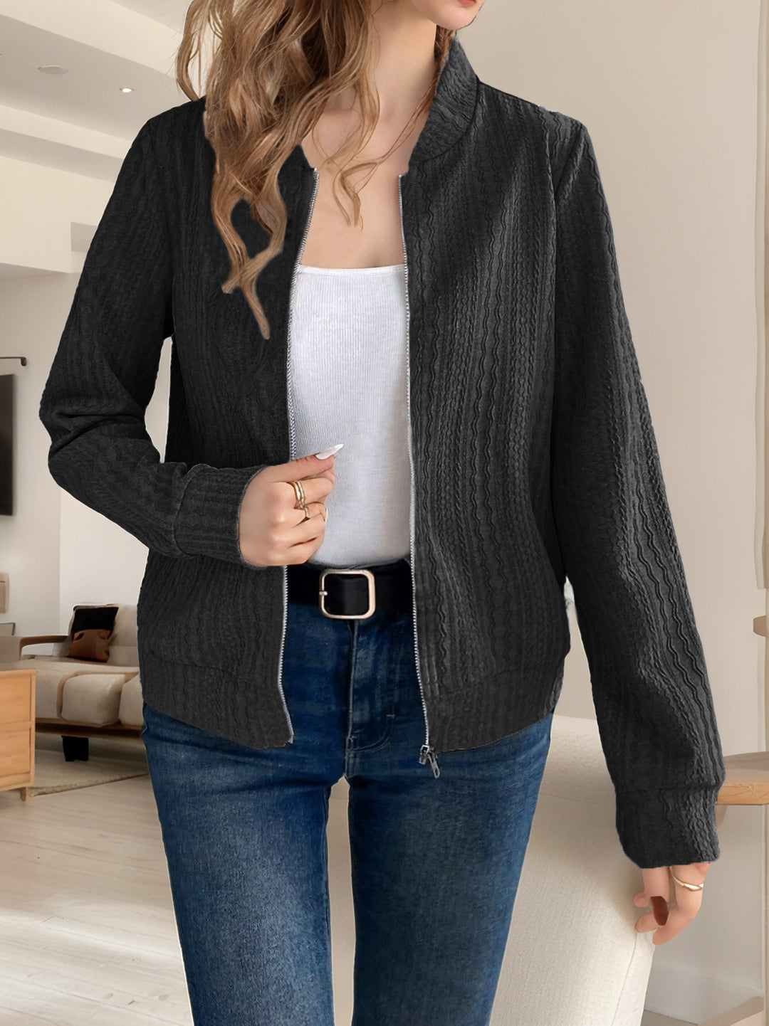 Dame struktureret sweaterjakke i casual snit med moderne lynlås Stilla