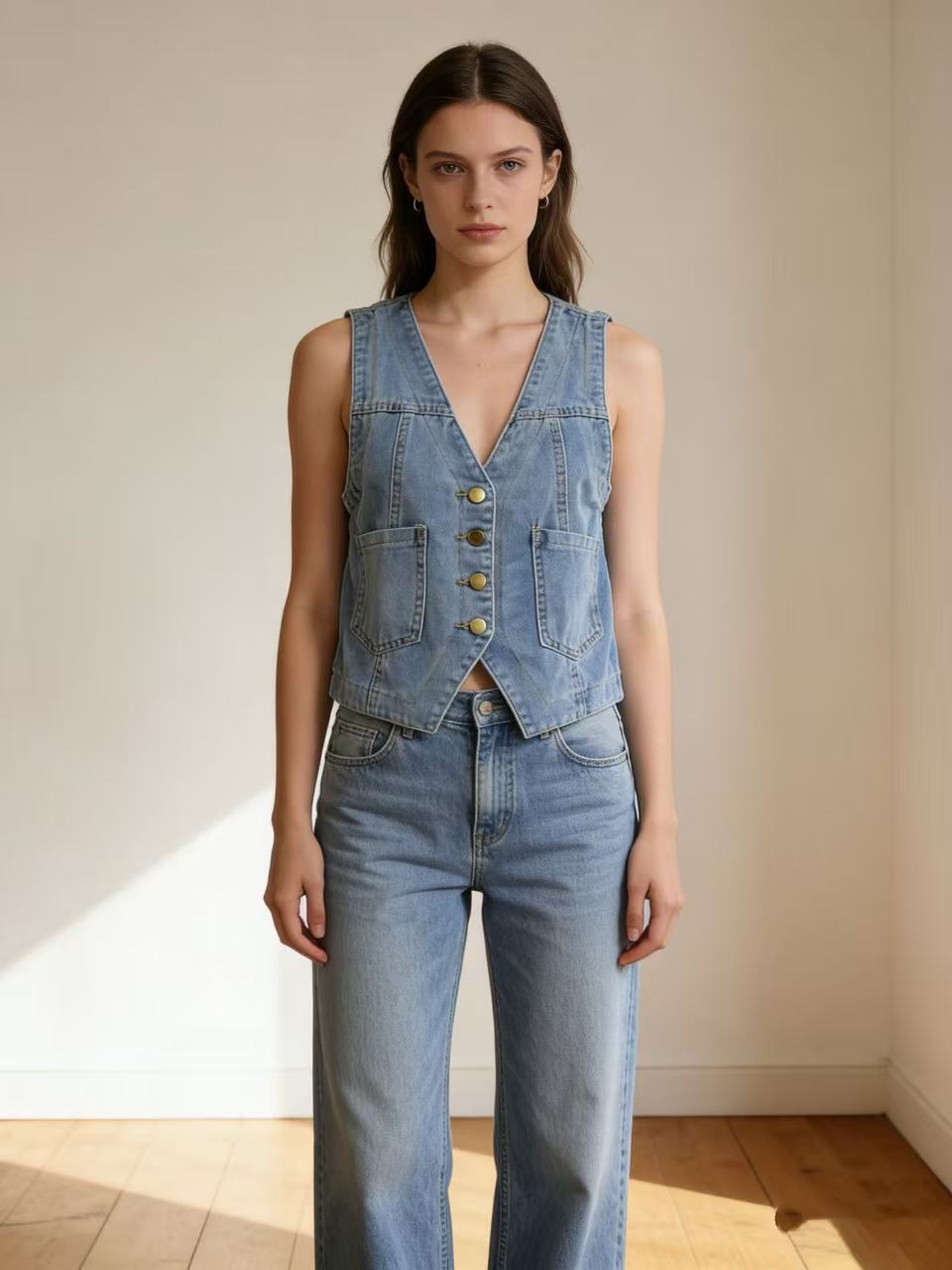 Dame casual denim vest med knapdetaljer og påsyede lommer Skovae
