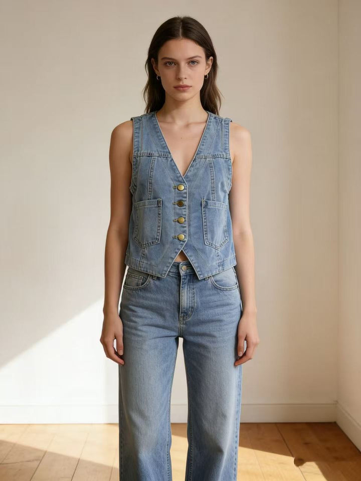 Dame casual denim vest med knapdetaljer og påsyede lommer Skovae