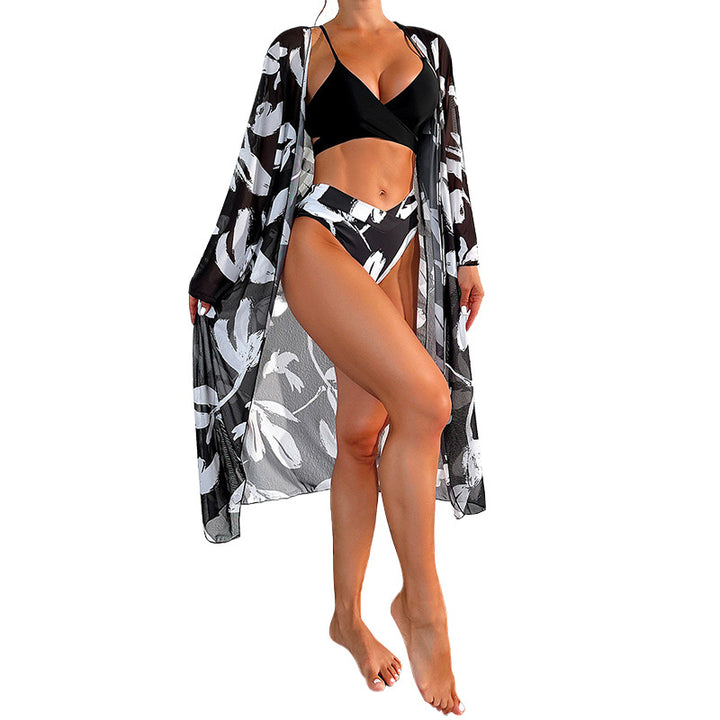 Dame strandkimono med blomsterprint og sideskilt Skovae
