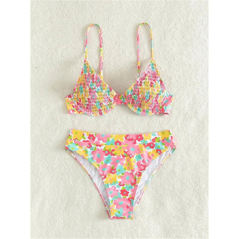 Dame Højskåret Bikini med blomstermønster og smalle stropper Skovae