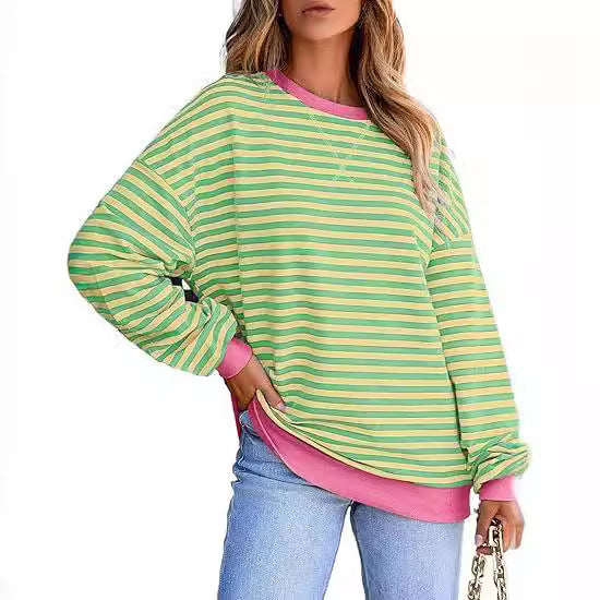 Dame stribet sweatshirt med farvematchende kant og afslappet snit Stilla