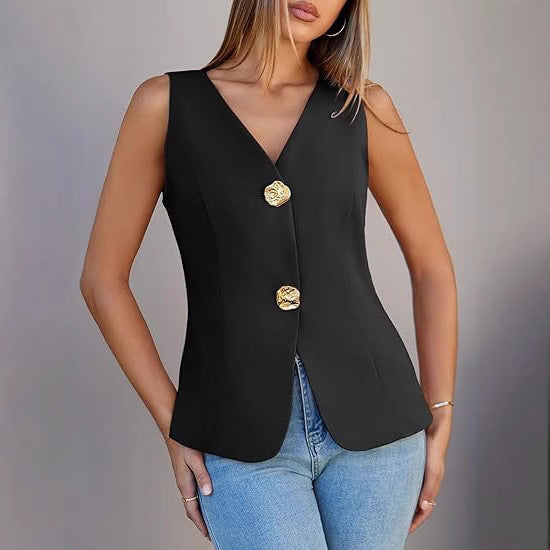 Damer Elegant vest med V-hals og gyldne knapper Stilla