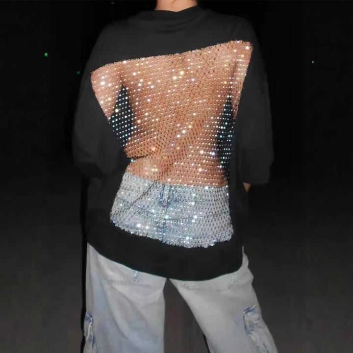 Dame nan Oversize-T-shirt med transparent netbag, strassbesætning og jeansprint Skovae