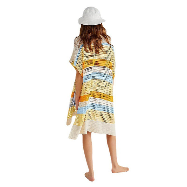 Dame strik strand poncho med modige kontraststriber Stilla
