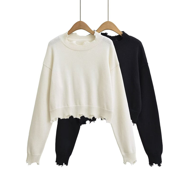 Dame afslappet cropped sweatshirt med trendy cut-out og frynset kant Stilla