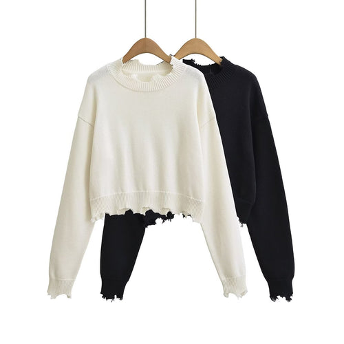 Dame afslappet cropped sweatshirt med trendy cut-out og frynset kant Stilla