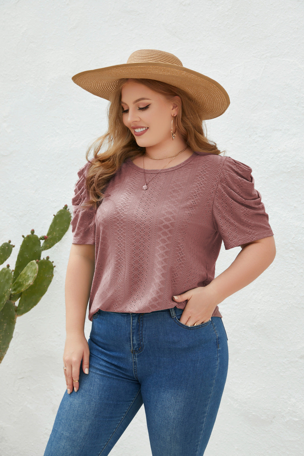 Damer Elegant Bluse shirt med Puffærmer og Strukturmønster Skovae