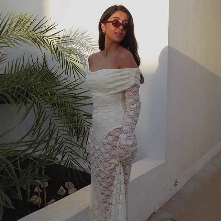 Dame Rynked Maxikjole med off-shoulder design og voluminøse ærmer Stilla