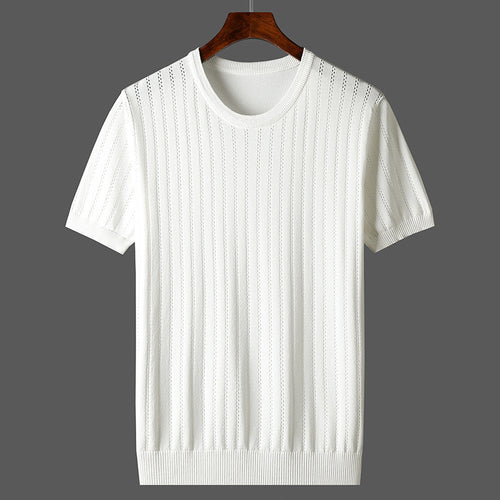 Damen Kurzarm Strickoberteil mit feinem Liniendesign und komfortablem Schnitt Skovae