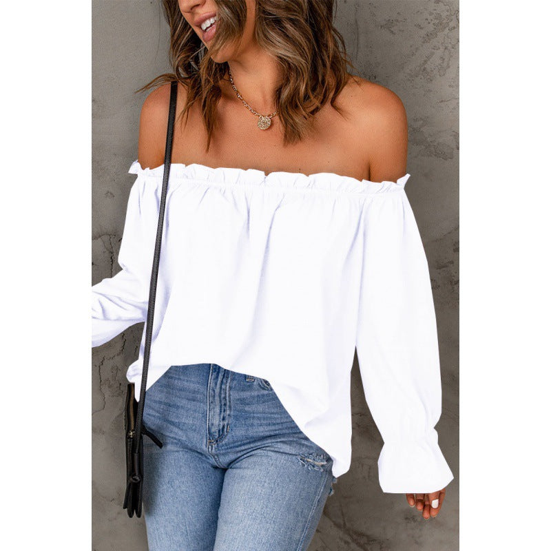 Damernes Off-Shoulder Bluse med Volangærmer og Dekorativ Kant Stilla