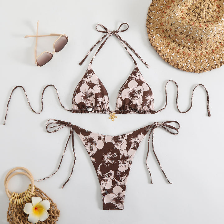 Dame triangel-bikini med floralt design og justerbare stropper Skovae