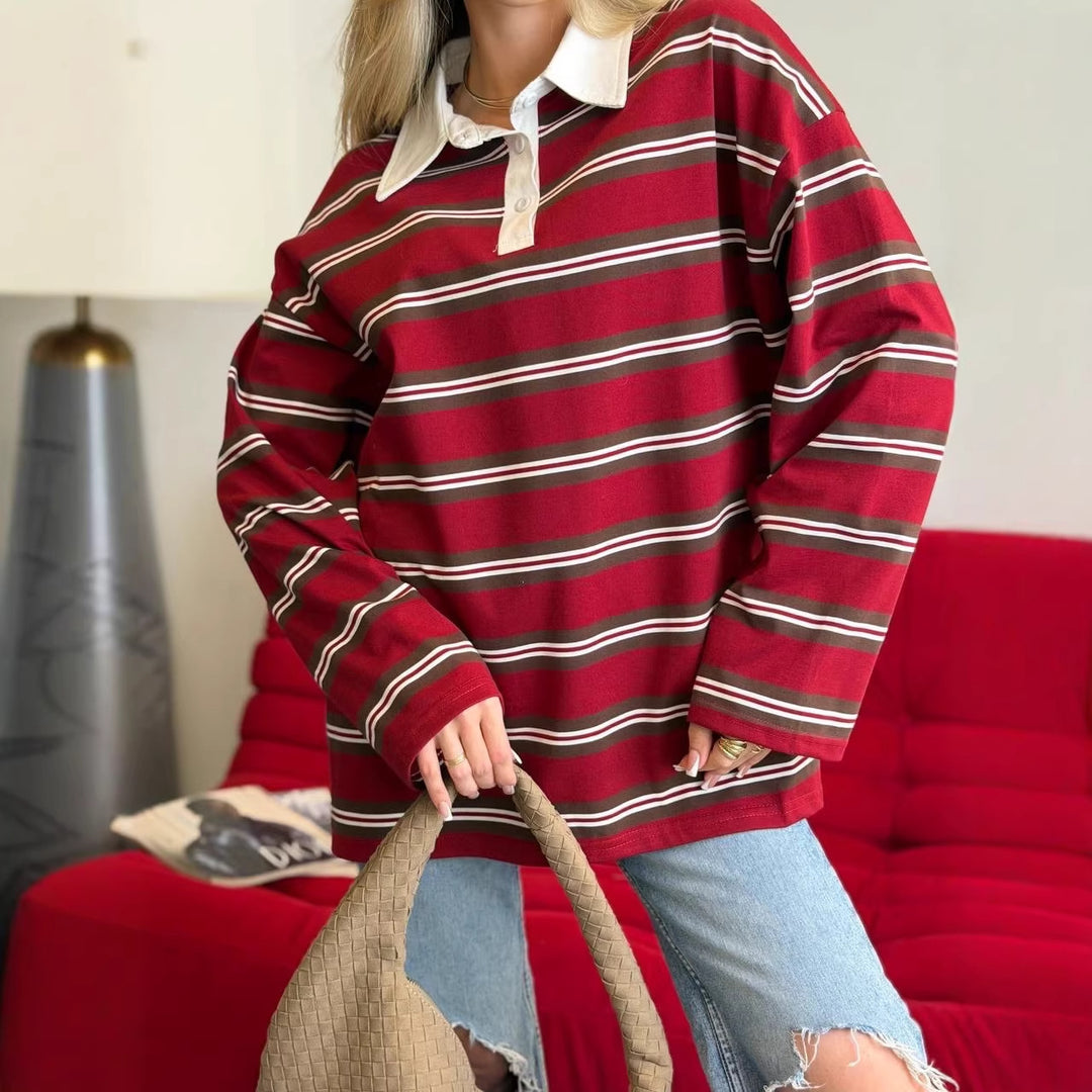 Kvinder stribet bluse sweater med klassisk krave Stilla
