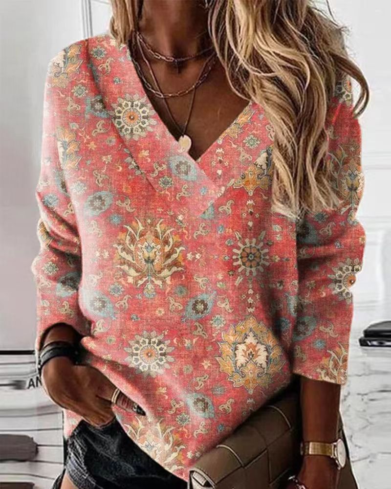Dame V-hals sweater med blomsterprint Stilla