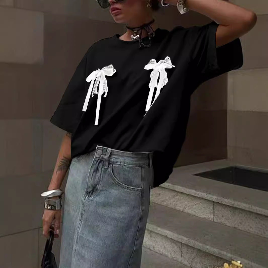 Dame T-shirt med legende sløjfedetaljer Stilla