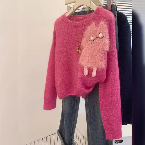 Dame hyggelig sweater med cartoon-applikation og blødt materiale Stilla