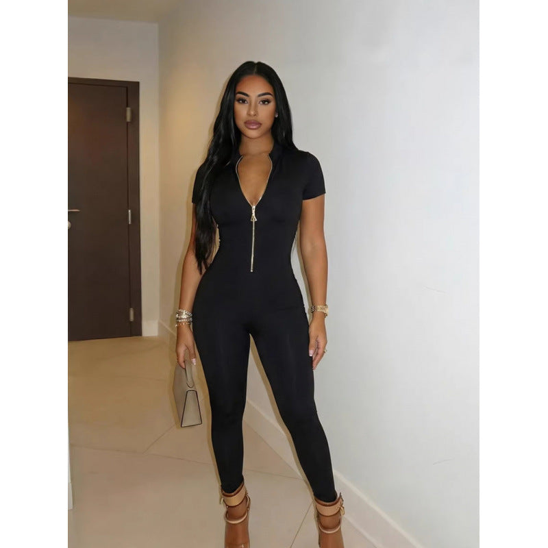 Damen Figurbetonter Jumpsuit mit hohem Ausschnitt und Reißverschluss Skovae