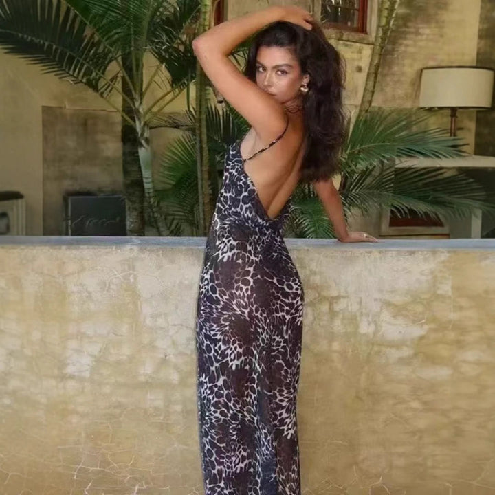 Dame Sleek Spaghetti-Strop Maxi Kjole med Giraf-Print Stilla