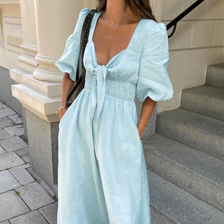 Dame Maxi-kjole med puffærmer og elegant snøring Stilla