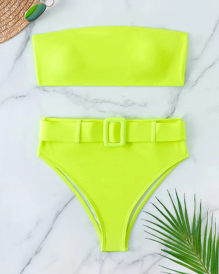 Dame Bandeau-bikini-sæt med højtaljet buks og trendy bælte detalje Skovae